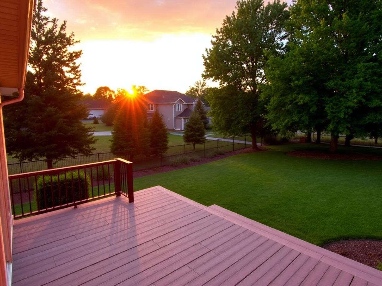 Deck overlooking landscaped backyard